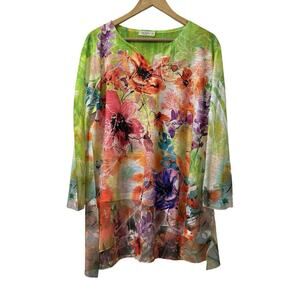 Jess‎ & Jane Victoria Slit V-Neck Watercolor Tunic Top Size XL Multicolor USA